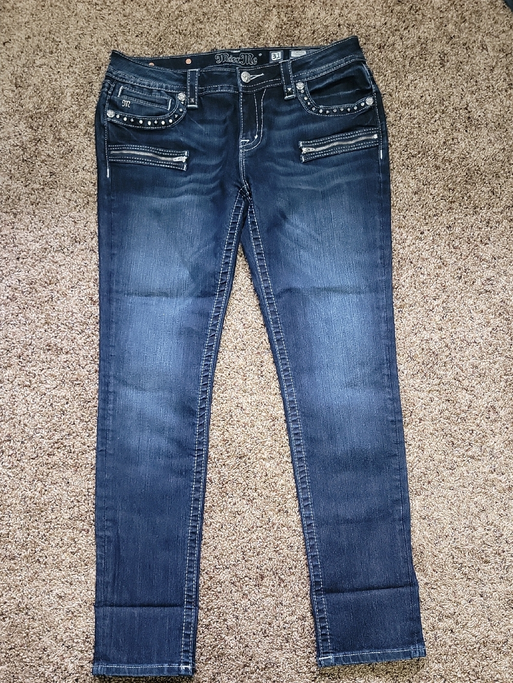 Miss Me Women's Dark Blue Skinny Jeans with Stud & Zip Accents 31x31